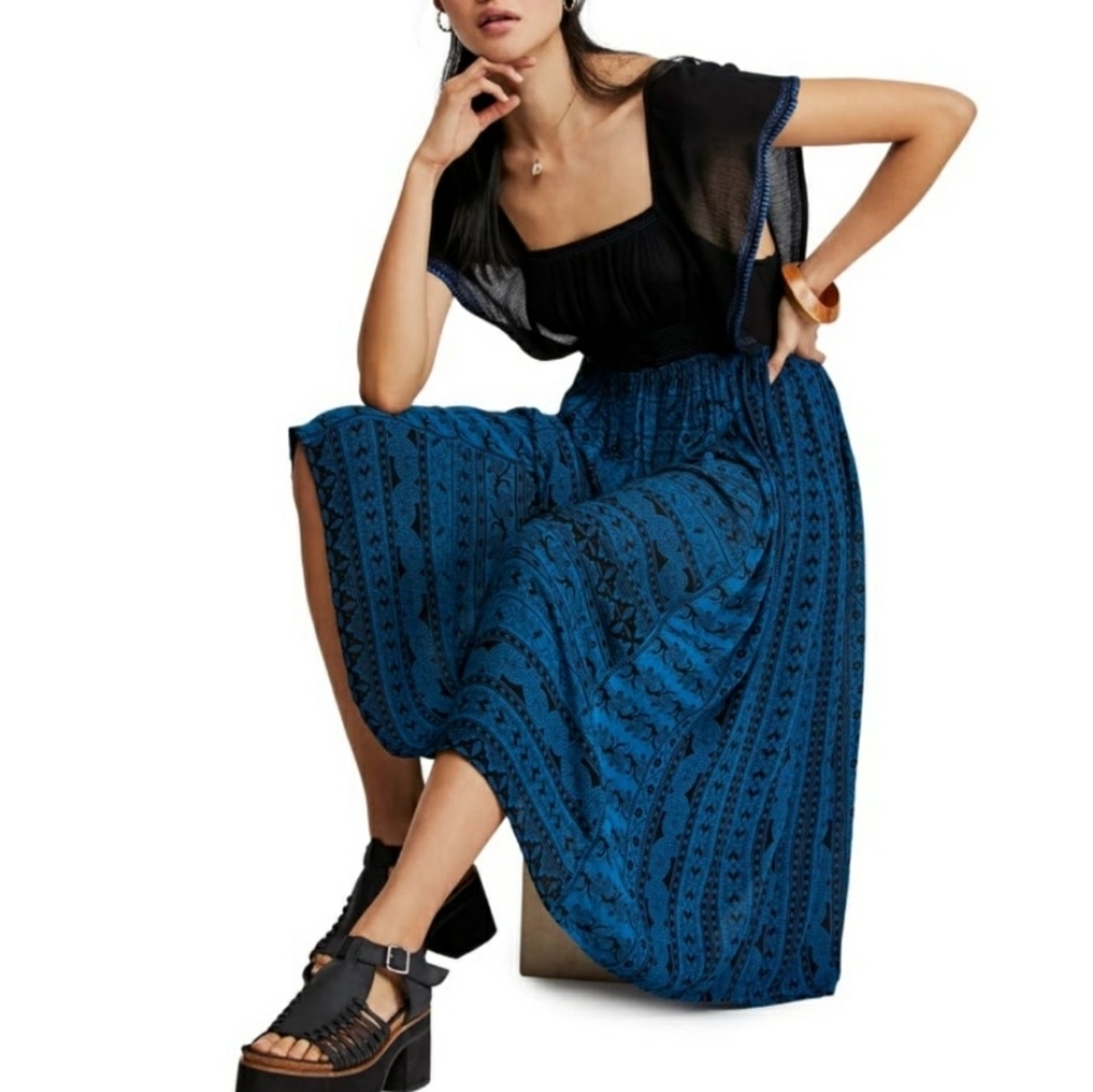Free People Boho Embroidered Cap Sleeve Blue Black Midi Dress XS